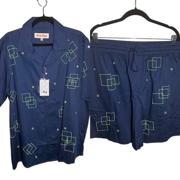 NEW Perte D'ego Men's Navy Blue Geometrical Mirror Embroidered Matching Set XXL - Picture 2 of 16
